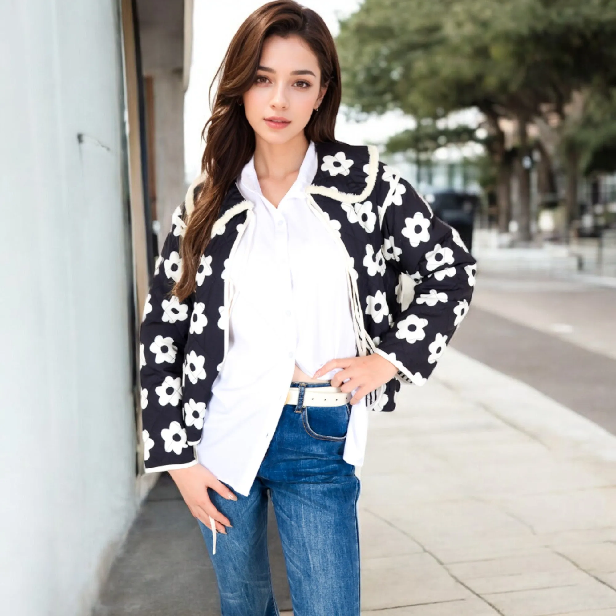 Anna-Kaci Women's Floral Quilted Jacket with Peter Pan Collar and Tie Closure
