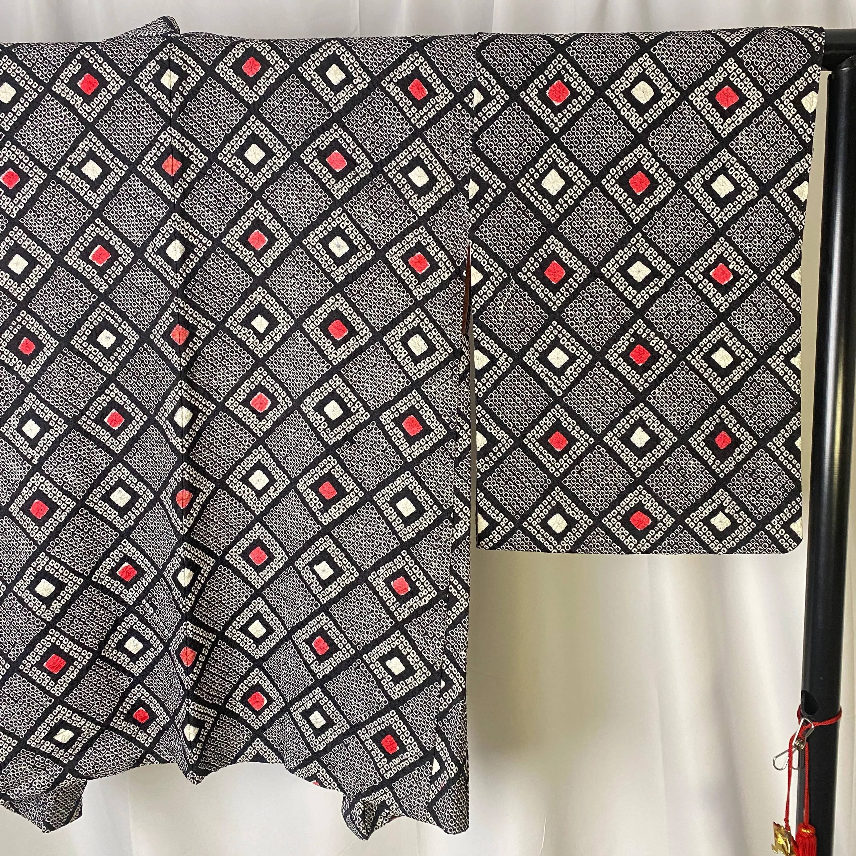 Black Shibori Haori, Japanese Kimono, Geometric, Square, Traditional, Cardigan, Women's Jacket, Silk Long outer, Casual Layer, Versatile-K