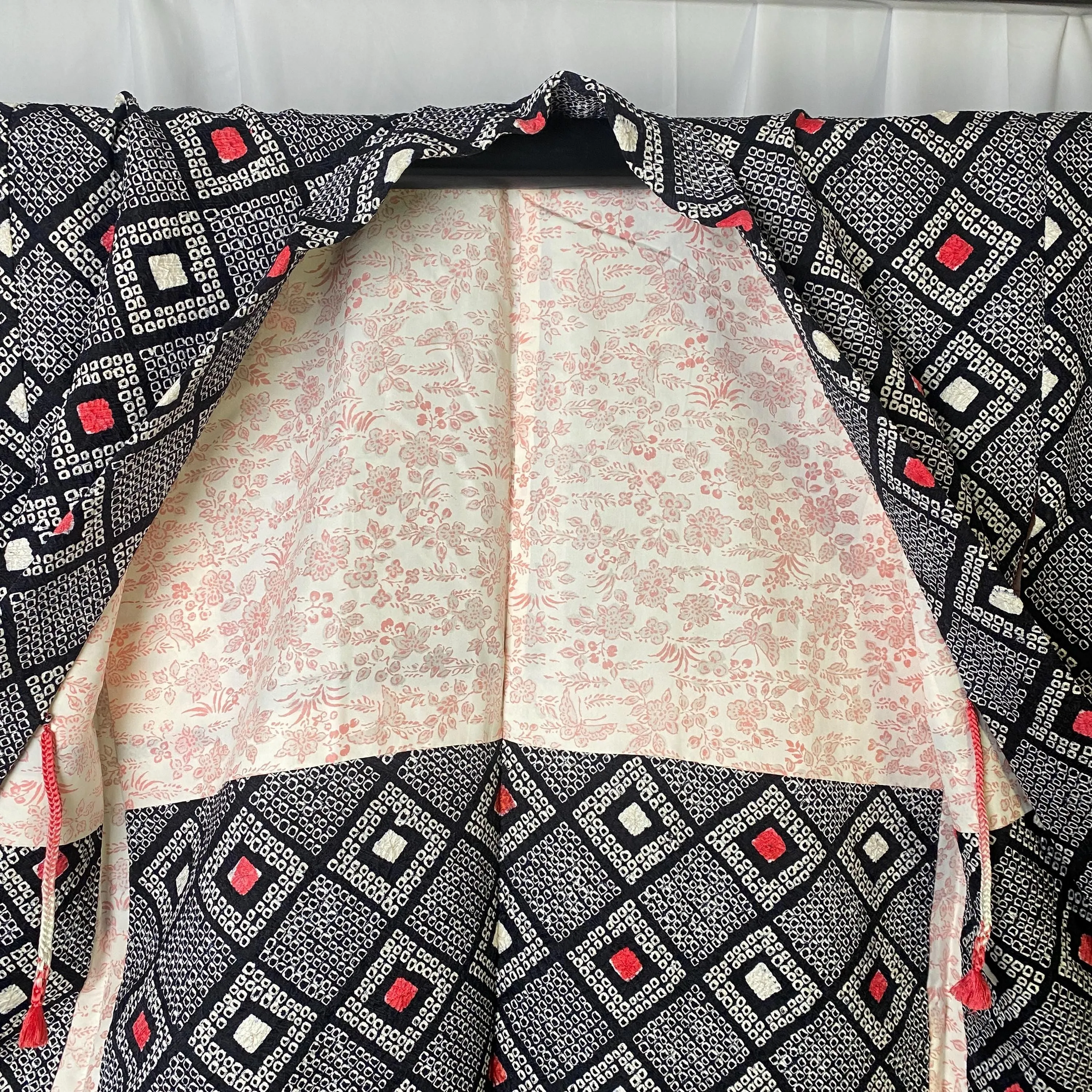 Black Shibori Haori, Japanese Kimono, Geometric, Square, Traditional, Cardigan, Women's Jacket, Silk Long outer, Casual Layer, Versatile-K