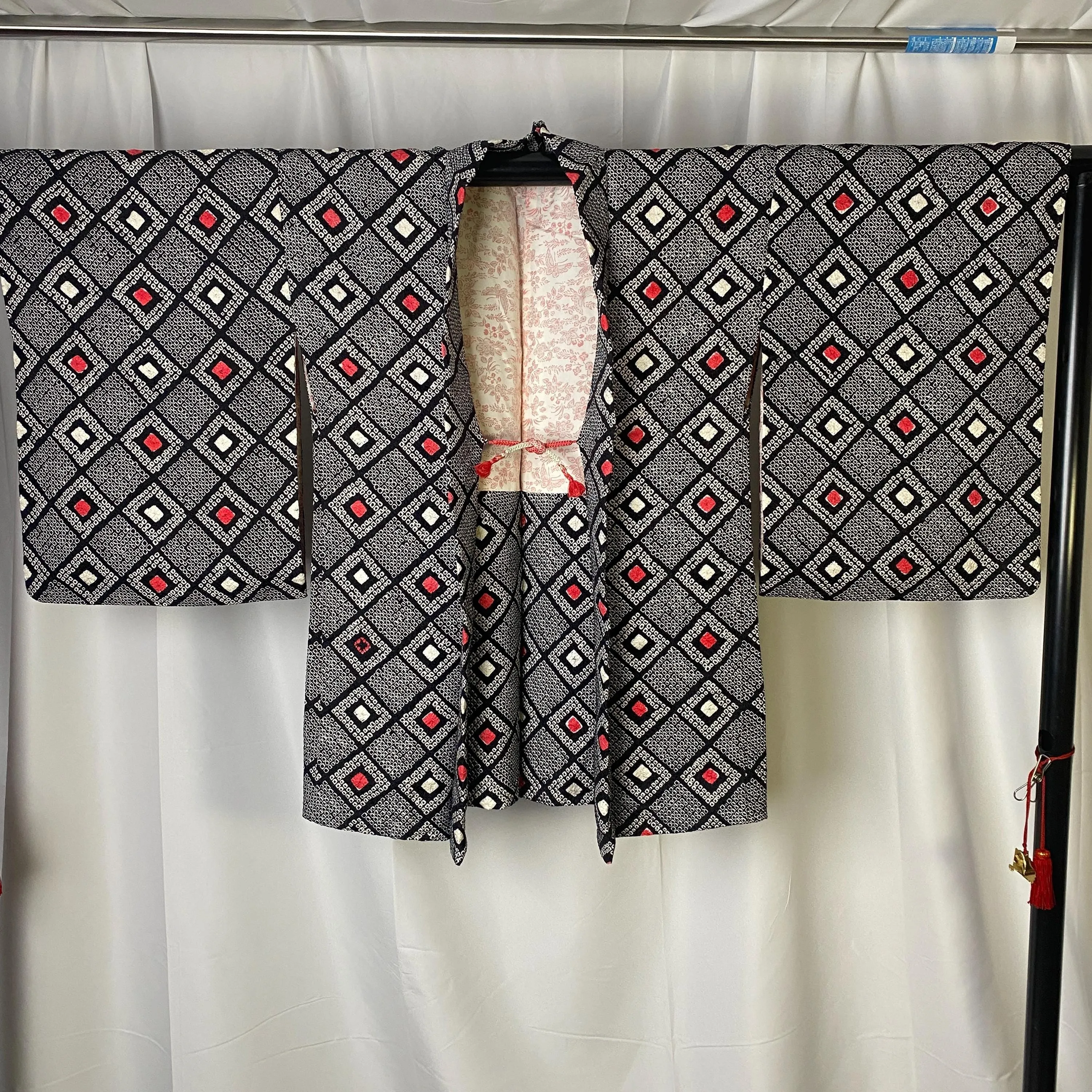 Black Shibori Haori, Japanese Kimono, Geometric, Square, Traditional, Cardigan, Women's Jacket, Silk Long outer, Casual Layer, Versatile-K