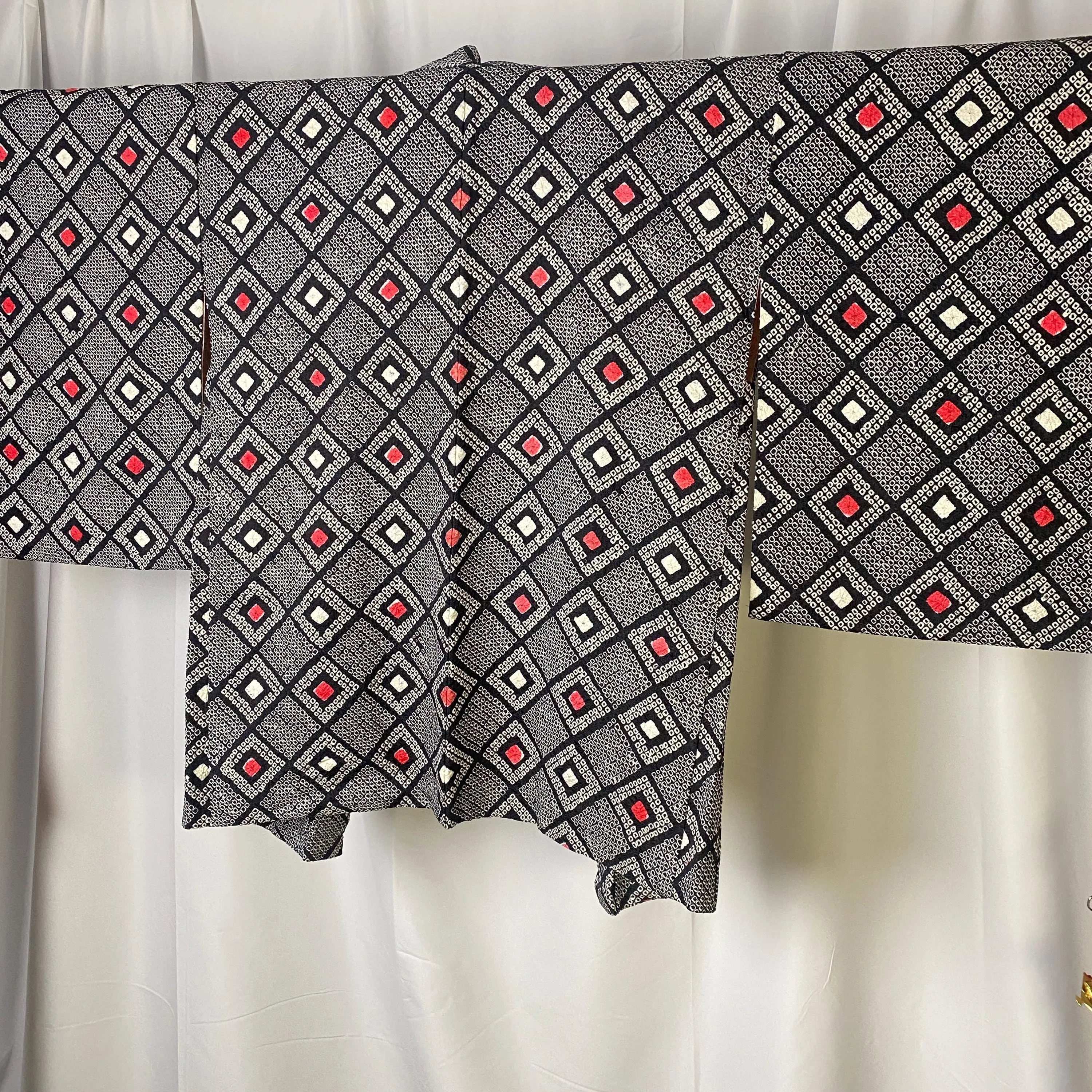 Black Shibori Haori, Japanese Kimono, Geometric, Square, Traditional, Cardigan, Women's Jacket, Silk Long outer, Casual Layer, Versatile-K