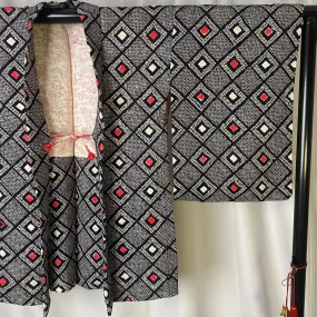Black Shibori Haori, Japanese Kimono, Geometric, Square, Traditional, Cardigan, Women's Jacket, Silk Long outer, Casual Layer, Versatile-K