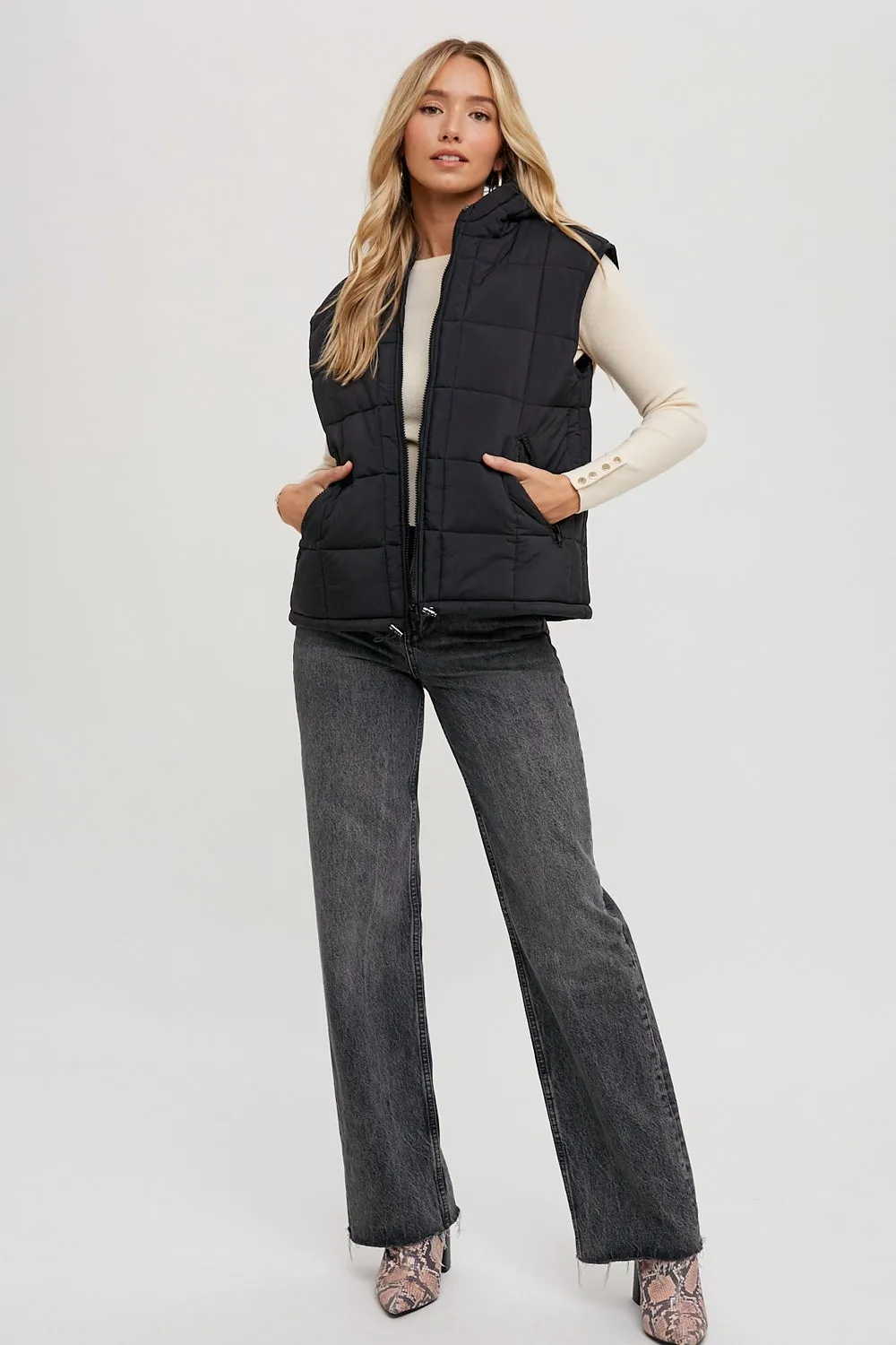 Black Zip-Up Puffer Vest with hood *