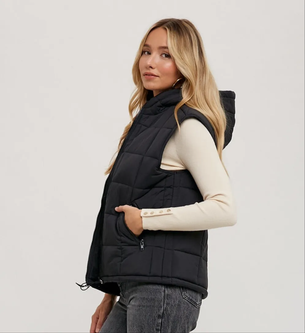 Black Zip-Up Puffer Vest with hood *