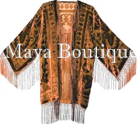 Copper Burnout Velvet Silk Fringe Jacket Short Kimono Maya matazaro