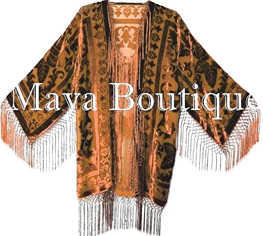 Copper Burnout Velvet Silk Fringe Jacket Short Kimono Maya matazaro