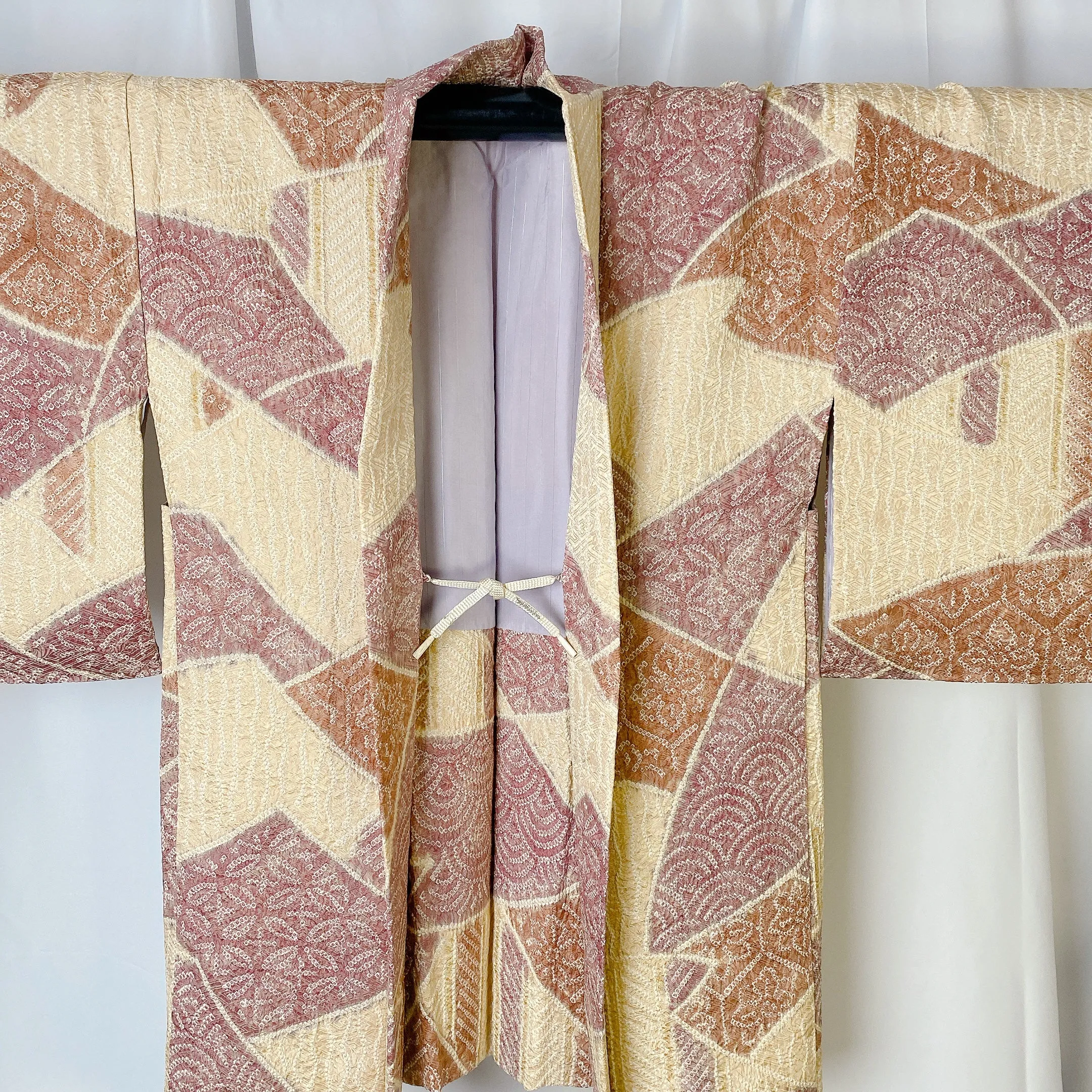 Cream Yellow Japanese Haori, Shibori, Traditional, Excellent, Vintage Kimono, Cardigan, Women's Jacket, Silk outer, Casual Layer, Versatile
