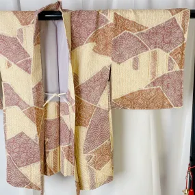 Cream Yellow Japanese Haori, Shibori, Traditional, Excellent, Vintage Kimono, Cardigan, Women's Jacket, Silk outer, Casual Layer, Versatile