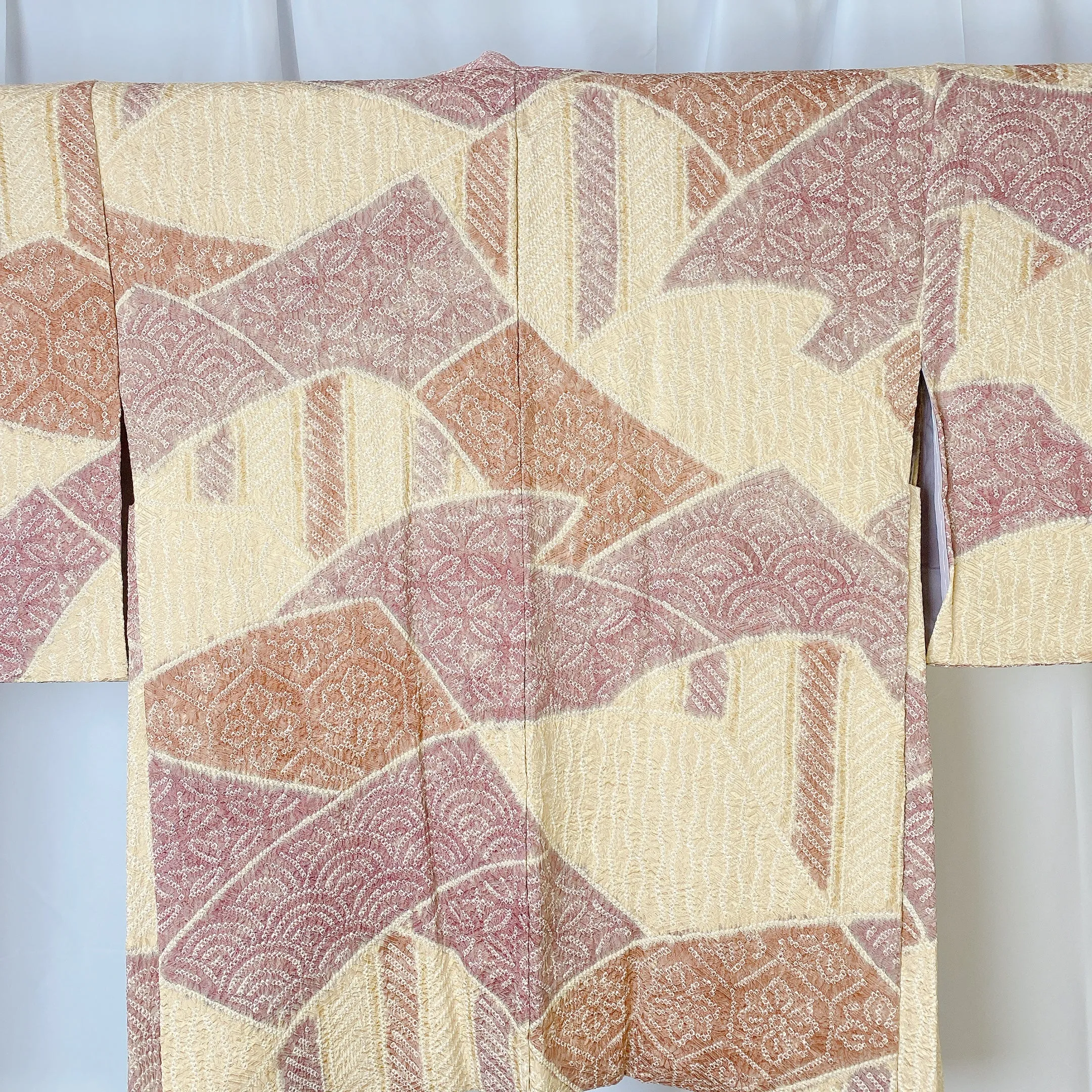 Cream Yellow Japanese Haori, Shibori, Traditional, Excellent, Vintage Kimono, Cardigan, Women's Jacket, Silk outer, Casual Layer, Versatile