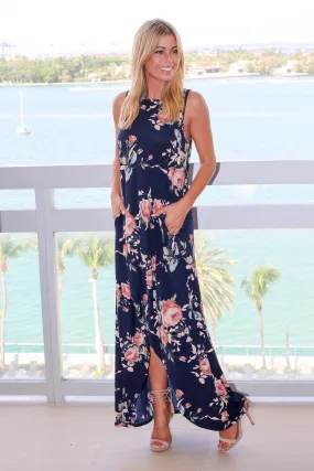 Navy Floral Sleeveless High Low Dress