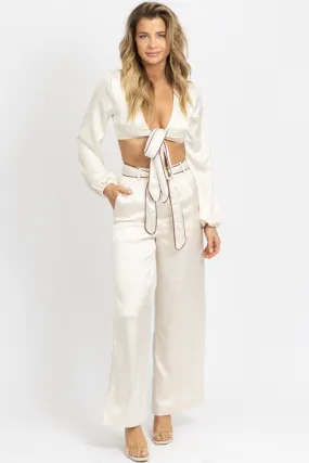 SATIN CREME FRONT TIE TROUSER PANT SET