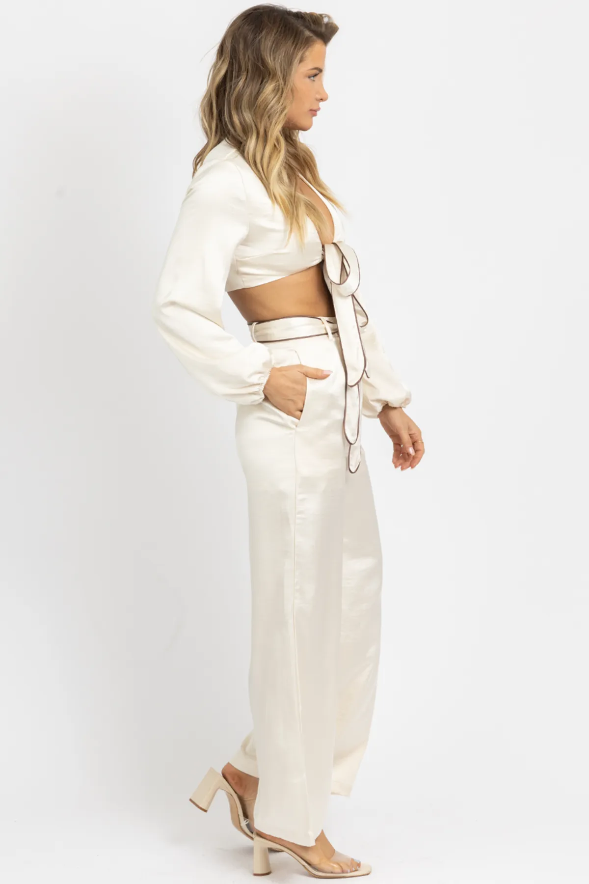 SATIN CREME FRONT TIE TROUSER PANT SET