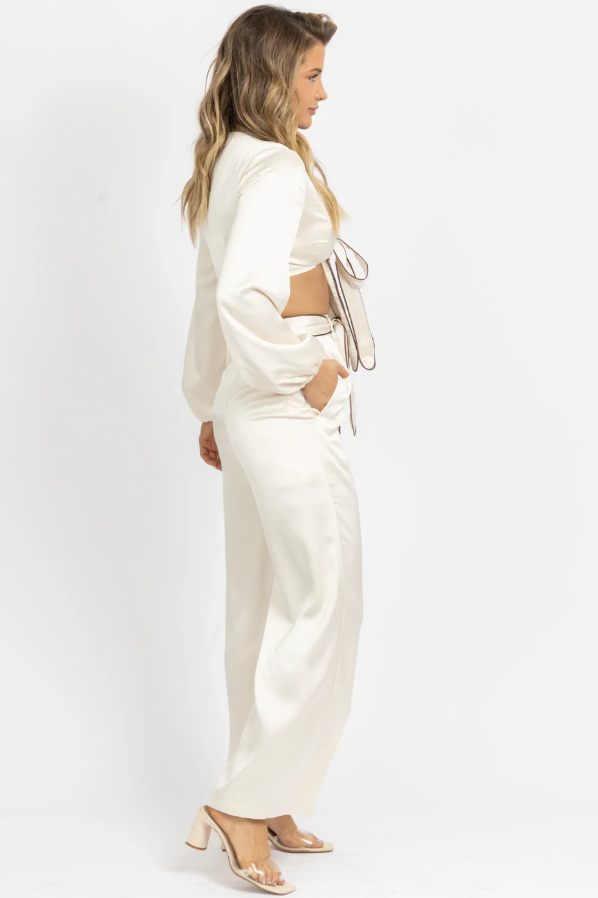 SATIN CREME FRONT TIE TROUSER PANT SET
