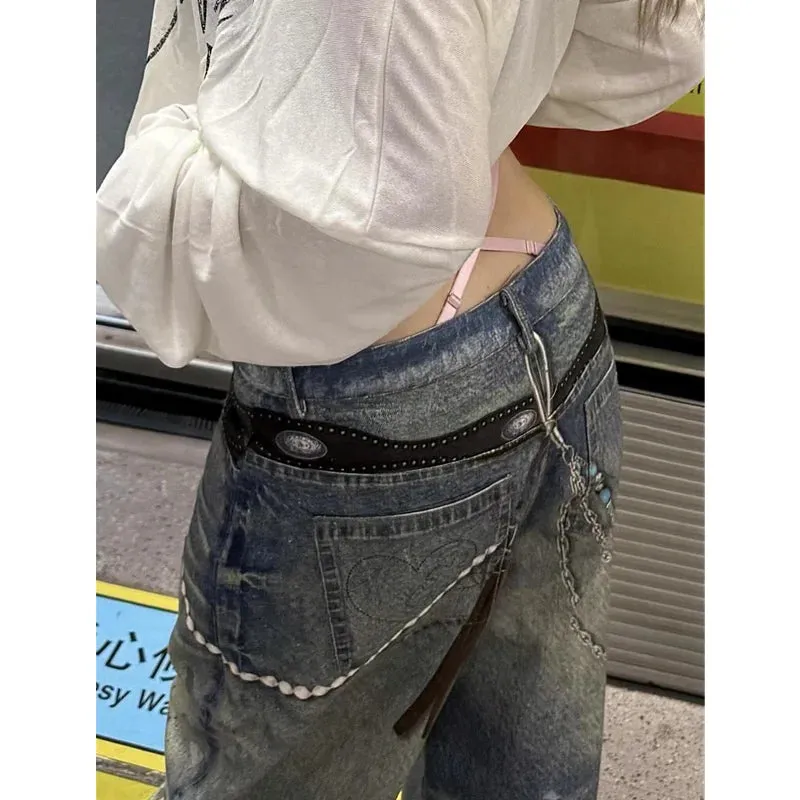 TAVIMART  -  Autumn Women's Casual Aesthetic Harajuku Jeans Vintage Emo Loose Washed Pants Y2K Wide Leg Punk Baggy Blue Denim Trouser