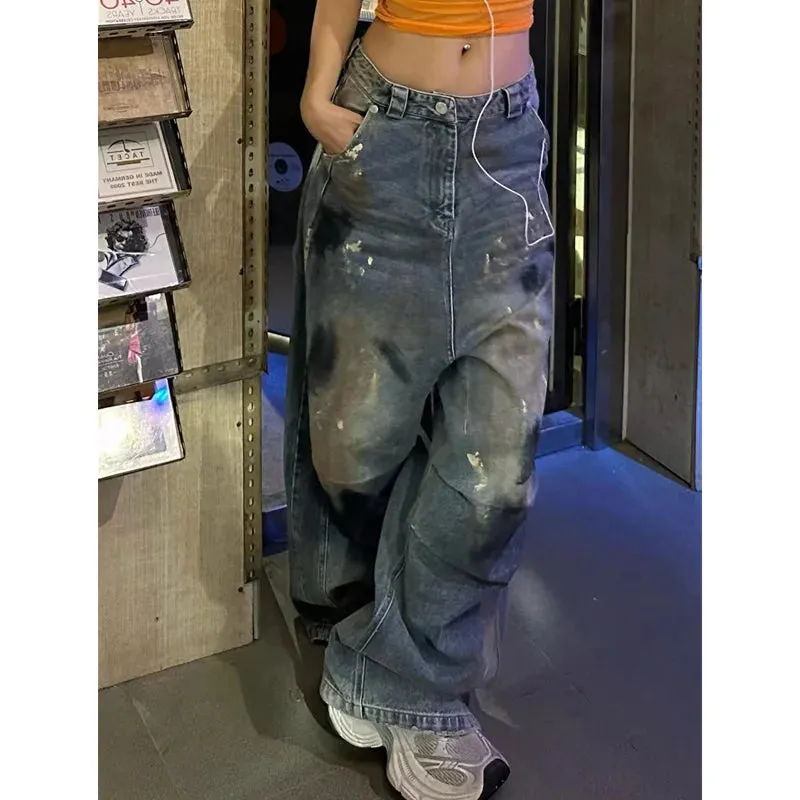 TAVIMART  -  Autumn Women's Casual Harajuku Jeans Vintage Aesthetic Style Loose Washed Pants Y2K Wide Leg Baggy Denim Punk Trouser